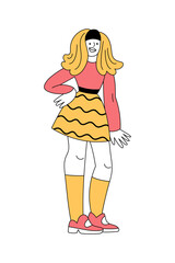 Cheerful blonde women in retro 1960s clothes standing with arms akimbo