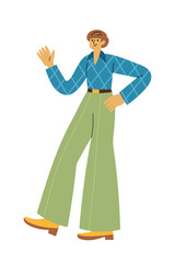 Cheerful man in retro 1960s or 1970s clothes walking and waving hand