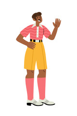 Cheerful black man in retro 1960s or 1970s clothes walking and waving