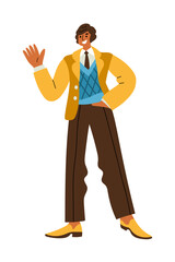 Cheerful man in retro 1960s or 1970s clothes walking and waving hand