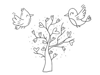 Set of cute hand-drawn doodle elements about love. Message stickers for apps. Icons for Valentines Day, romantic events and wedding. Two lovebirds fly over a love tree.
