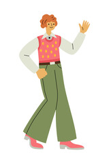 Cheerful man in retro 1960s or 1970s clothes walking and waving hand