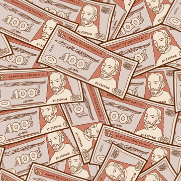 Patron en vectores de papel moneda o dinero, de cien quetzales de Guatemala, en version caricatura parra imprimir, textiles, fondo, papel tapiz, impresiones. 