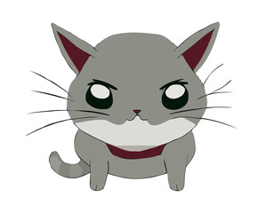 A cute grey fat cat, with a smirk on its face, ready to fight. Innocent look, oval shape. Illustration, isolated portrait.
