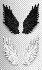 Two realistic wings isolated on transparent background. 3D white angel wings and dark devil, daemon wings. Heaven and hell, good and evil concept. Festival, masquerade, carnival costume. 