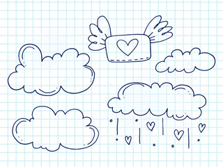 Set of cute hand-drawn doodle elements about love. Message stickers for apps. Icons for Valentines Day, romantic events and wedding. A checkered notebook. Envelope with heart in the sky with clouds.