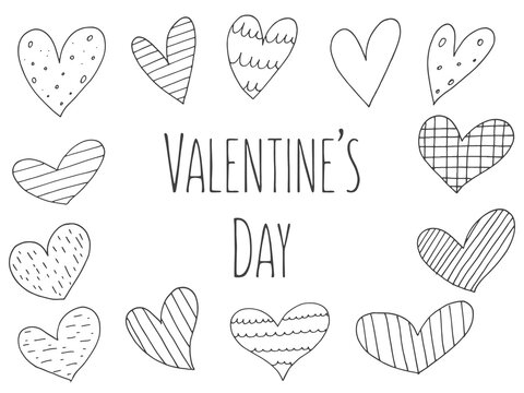 Big set of cute hand-drawn doodle elements about love. Message stickers for apps. Icons for Valentines Day, romantic events and wedding. Hearts with stripes and texture.