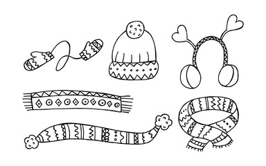 A set of hand-drawn winter clothing. Vector illustration in doodle style. Winter mood. Hello 2023. Merry Christmas and Happy New Year. Black hats and scarf, mittens and glove on a white background.