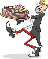cartoon waiter serving a big cake
