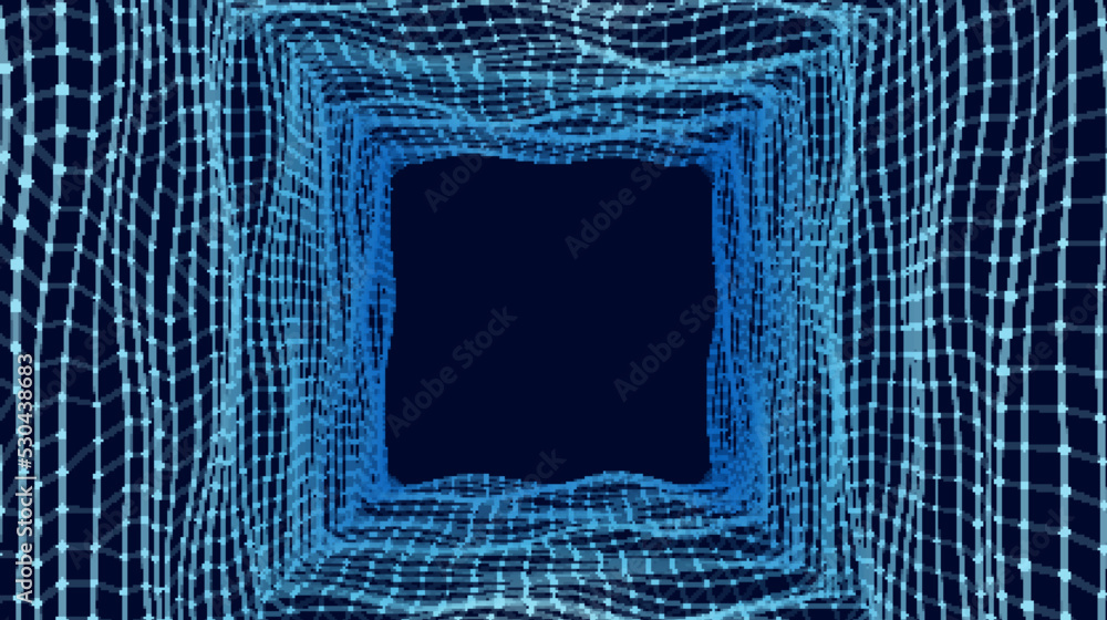 Poster technology wireframe square tunnel on dark background. futuristic 3d wormhole grid. digital dynamic 
