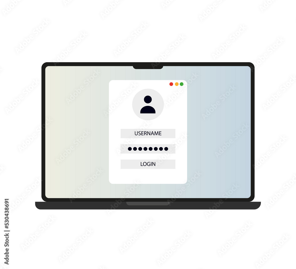 Poster a laptop with a login and password forms a page on the screen. account login, user authorization, au