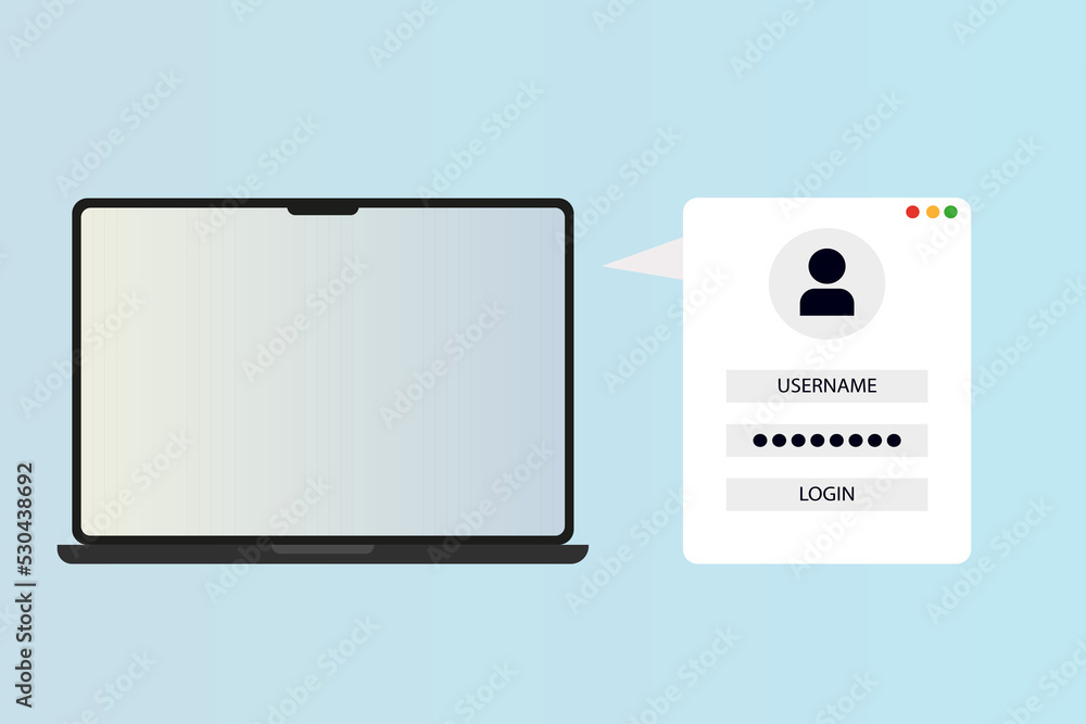 Poster a laptop with a login and password forms a page on the screen. account login, user authorization, au