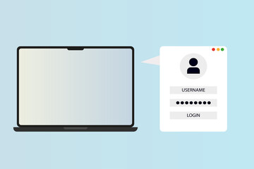 A laptop with a login and password forms a page on the screen. Account login, user authorization, authorization to login page concept. Vector illustrations