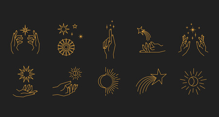 Aesthetic astral hands. Collection of cosmic and celestial elements with sun, moon and stars. Isolated editable linear vectors.