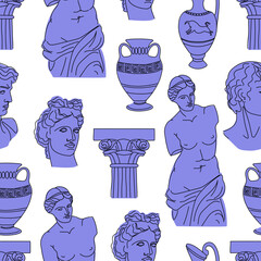 An antique statue of a woman, a bust of an ancient man, columns, amphoras. Mythical, ancient Greek style. Hand drawn fashion  illustration. Square vector seamless pattern.