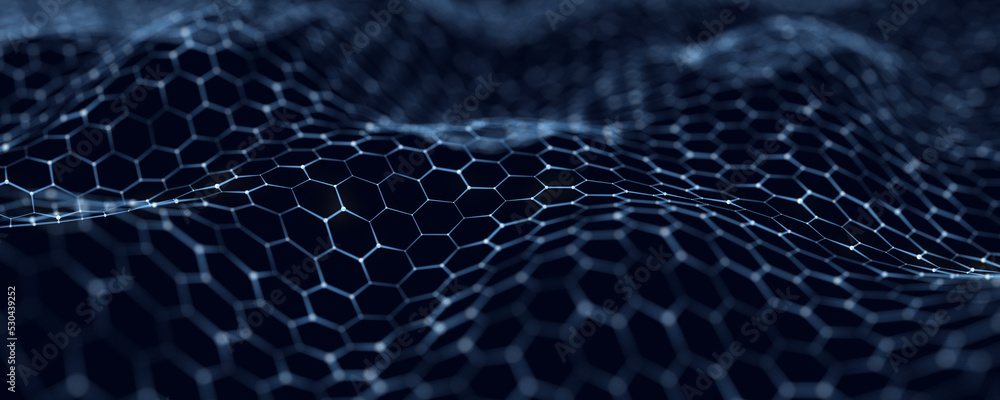 Poster Digital dynamic cyber wave. Abstract futuristic hexagon background with dots and lines. Big data visualization. 3D rendering.