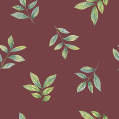Fototapeta premium Delicate leaves painted in watercolor on paper. green watercolor leaves on a burgundy background collected. seamless art pattern.
