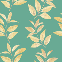 Delicate leaves painted in watercolor on paper. green watercolor leaves collected in a seamless pattern.