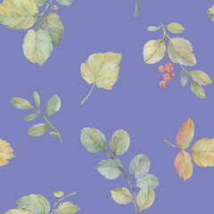 Seamless botanical pattern. Autumn leaves painted in watercolor and isolated on a colored background.