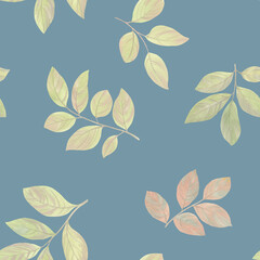 Abstract leaves with branches, seamless botanical pattern. watercolor leaves collected in an ornament for design, baking and wallpaper.