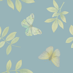 Butterflies and leaves seamless ornament. Watercolor botanical pattern. Delicate butterflies and branches.