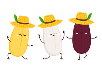 Rice character design. rice vector on white background. rice seed. Peasant hat vector.