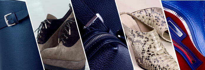 Collage of Fashion Leather Goods Boots, Shoes and Accesorises. Creative Banner for Fashionable Retaile Store adv of Autumn Sale Campain.