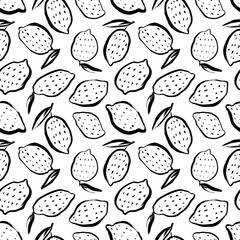 Doodle lemon seamless pattern. Hand drawn black linear lemons. Decorative background with citrus fruits hand-drawn with a brush. Summer textile design. Doodle simple fruits with dots and leaves. 