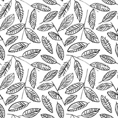 Pencil drawn leaves with veins seamless pattern. Simple abstract leaves with stems or branches. Hand drawn sketchy style foliage ornament. Simple abstract botanical print in grunge style. Linear plant