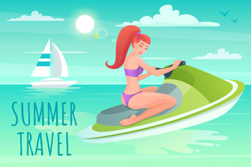 Young woman riding a jet ski. Vector illustration