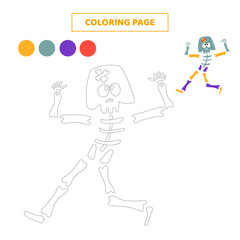 Coloring page for kids with cute skeleton.