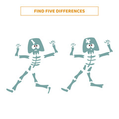 Find five differences between cartoon skeletons.