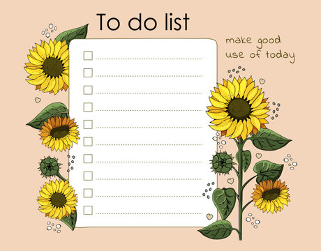 List illustration with yellow sunflowers and motivating phrase. Empty template TO DO LIST. Vector illustration