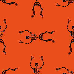 Seamless texture with black skeletons dancing and having fun on a orange background.