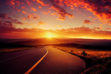 The long straight road leading to a snowy mountain at sunset