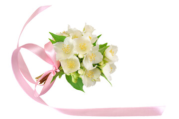 Fototapeta na wymiar Jasmine bouquet with pink ribbon