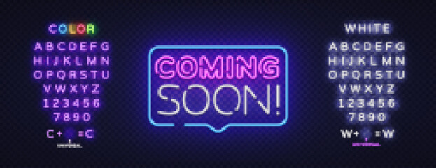 Coming soon Neon for concept design. Advertising banner template. Discount promotion. Vector illustration