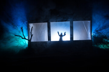 Old house with a Ghost in the forest at night. Horror silhouette at the window. Old building in forest. Surreal lights. Horror Halloween concept