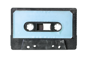 An old vintage cassette tape from the 1980s (obsolete music technology), isolated. Vivid colors: black grid plastic body, pale lake blue label.
