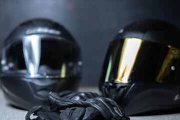 motorcycle equipment, leather gloves and helmets