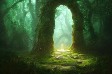 Fantasy magic portal. Portal in the elven forest to another world. Digital art. Illustration. Painting. Hyper-realistic. 3D illustration
