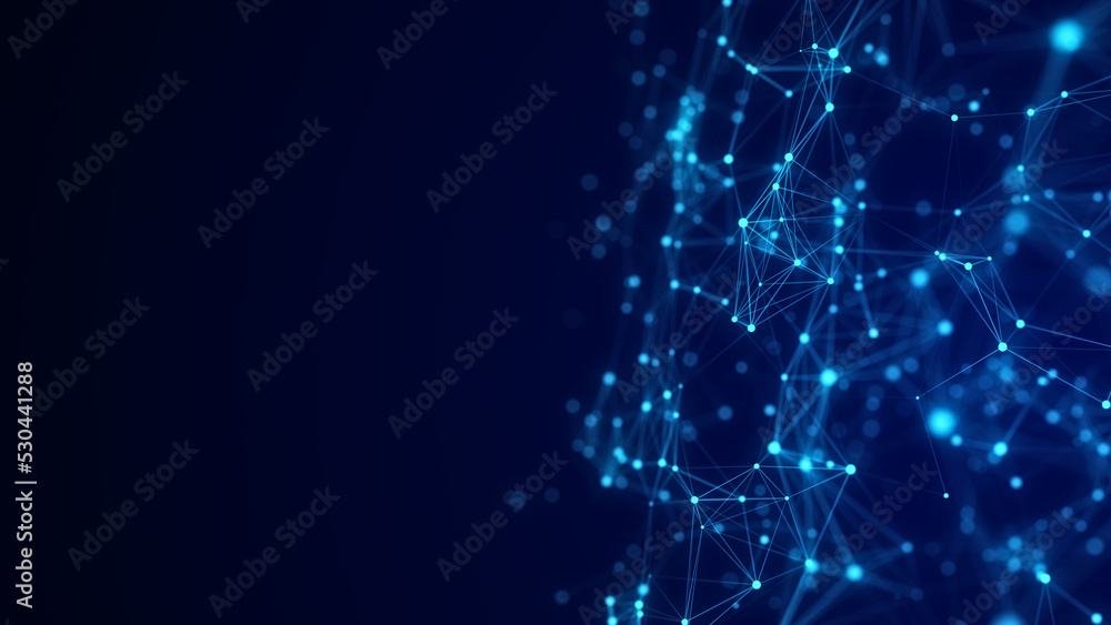 Poster Abstract blue cube with connecting dots and lines. Big data visualization. Blockchain technology concept. Wireframe network connection structure. 3d rendering.
