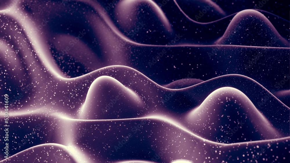 Poster 3d render. abstract waves of soft black matte material with light inner glow and glitters on surface