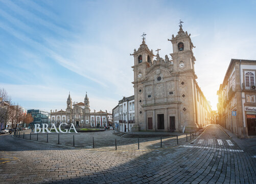 Panoramic view of Braga City Sign, Church of Sao Marcos and Holy Cross Church (Igreja de Santa Cruz) - Braga, Portugal
