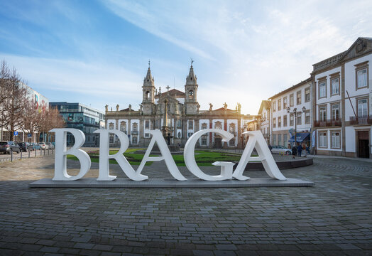 Braga City Sign and Church of Sao Marcos (St. Mark) - Braga, Portugal