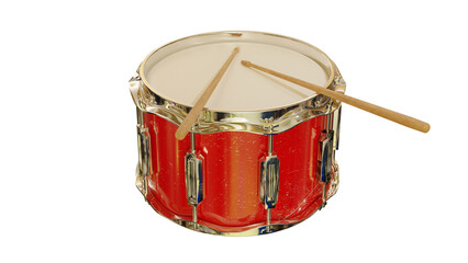 Little red drum. Realistic 3d render of an old drum with transparent background. PNG image. 