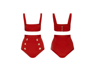 Ghost mannequin. Red women's swimsuit swimwear sportswear two-piece swimming costume without human model. Female beachwear body suite swimsuit bikini for ladies isolated on white background. Mock up
