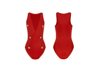 Ghost mannequin. Red women's swimsuit swimwear sportswear swimming costume without human model. Female beachwear body suite with deep cut for ladies isolated on white background. Mock up, template