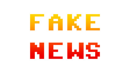 The text Fake News, looking like a funky colorful game screen, 8 bit retro style, red and yellow gradient, isolated.
