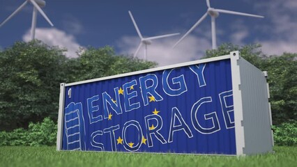 Flag of the European Union and ENERGY STORAGE text on a battery container at wind turbines, 3d animation - Powered by Adobe
